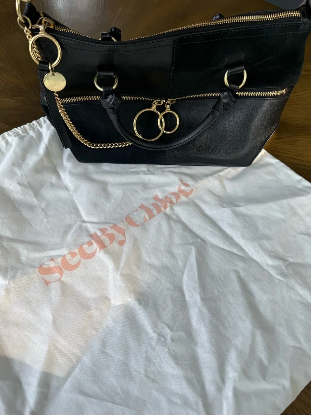 See By Chloe Black Leather & Suede Tote with Gold Hardware